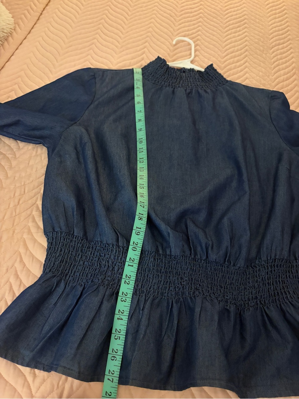 Ashley Stewart Denim Peplum Top Smocked Neck Puff Sleeves Blue Size 12/16 - Picture 12 of 12